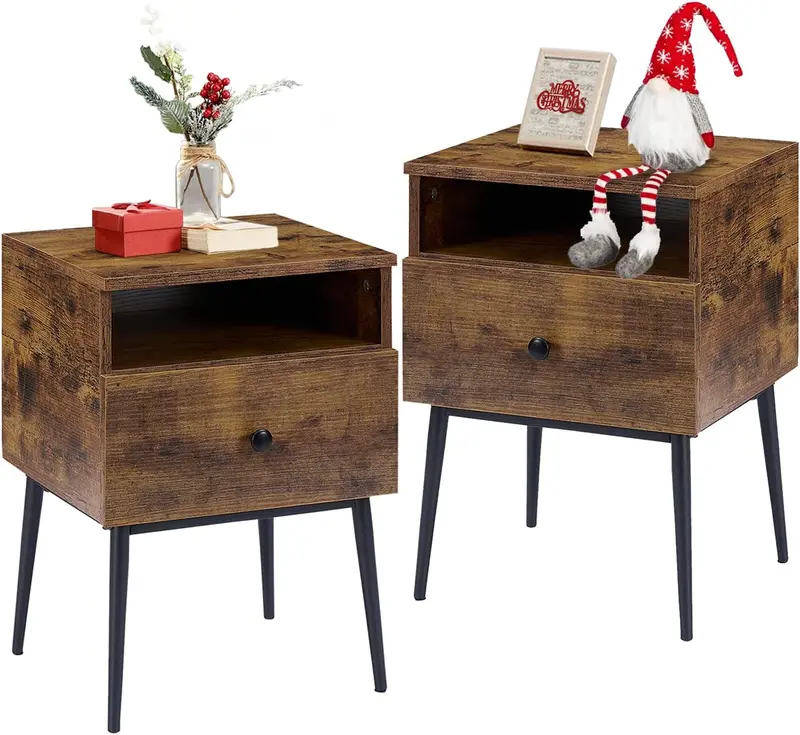 Vecelo Square Modern Nightstand – Compact Side Table With Drawer & Open Shelf 1