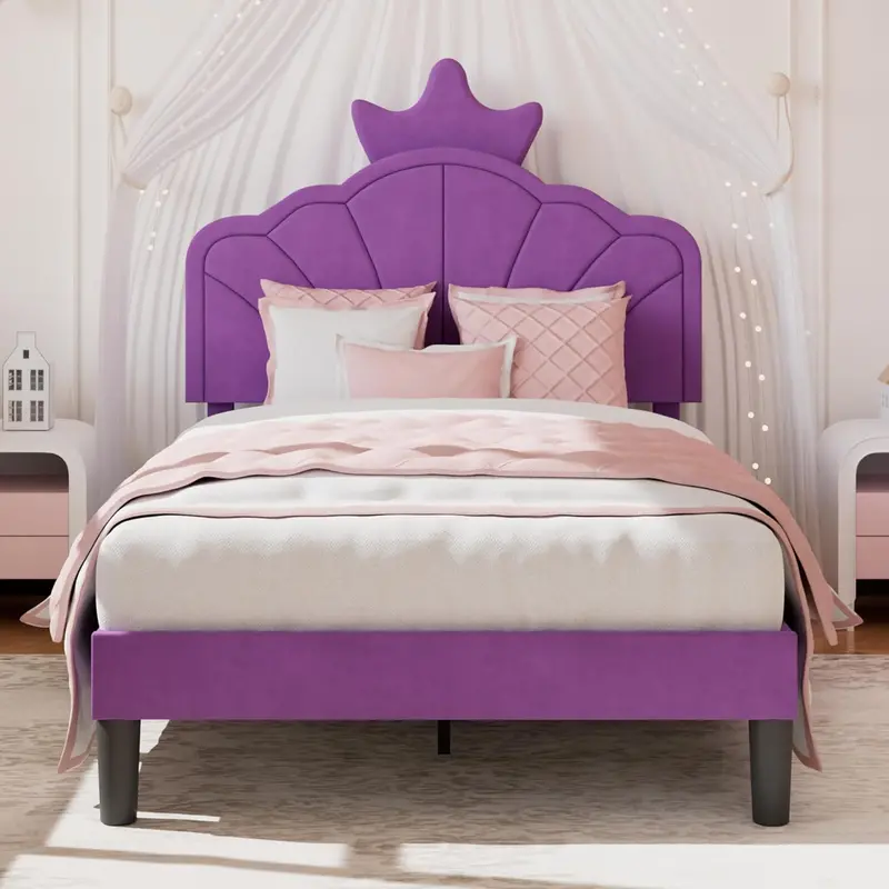 Vecelo Twin Bed Frame With Crown-Style Headboard – Elegant Platform Design 1
