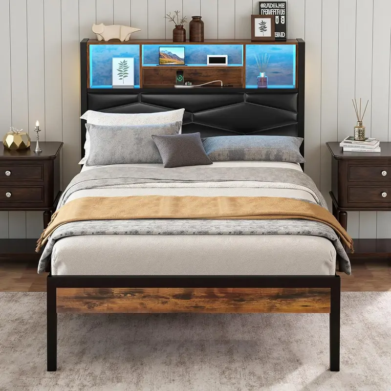 Vecelo Twin Bed Frame With Dual-Tier Headboard & Built-In Charging Ports 1