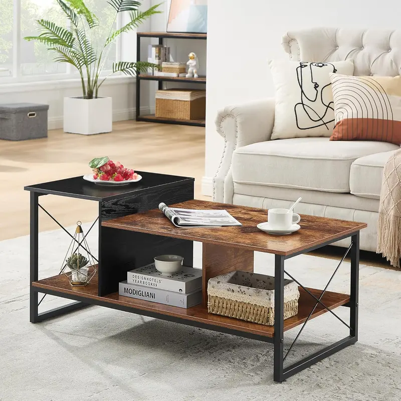 Vecelo Two-Tier Black Wood Coffee Table – Compact Design With Open Storage Shelf 1