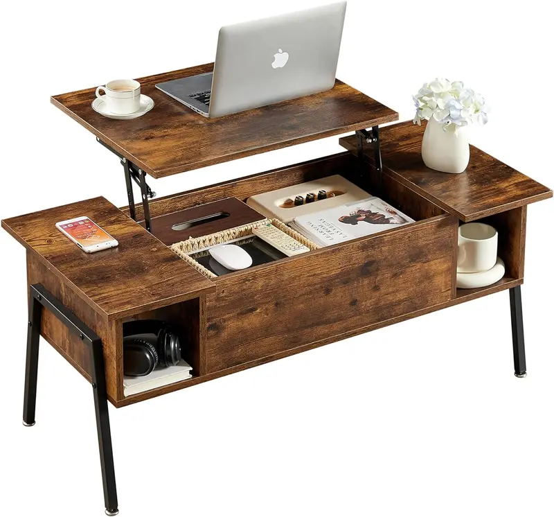 Vecelo Wooden Lift-Top Coffee Table With Hidden Compartment And Storage Shelf 1