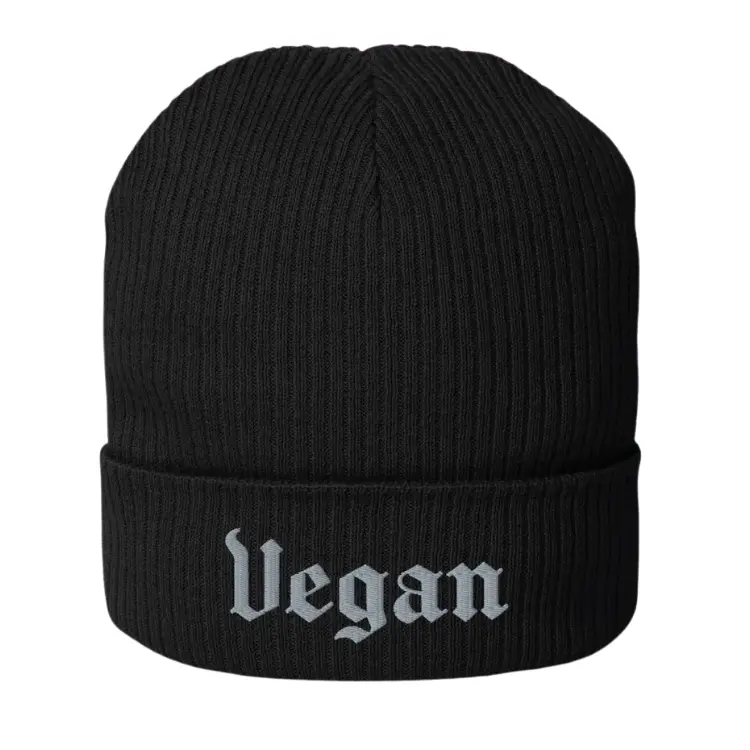 'Vegan' Gothic Font Beanie – Two-Color Knit Hat By Vegan Power Co 1