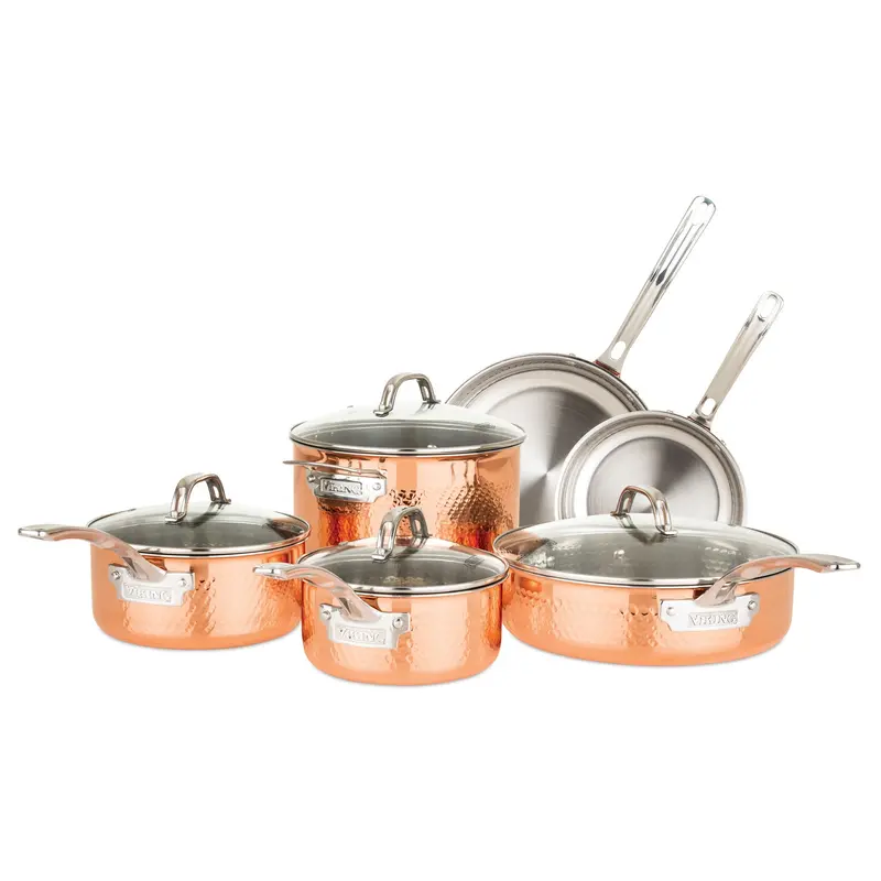 Viking Hammered Copper Clad Cookware Set – 10-Piece 3-Ply With Glass Lids 1