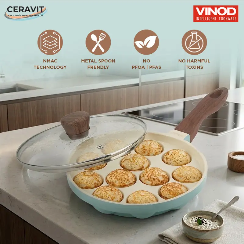 Vinod Ceravit Round Paniyaram Pan – 20.5 Cm Cast-Aluminum Base 2