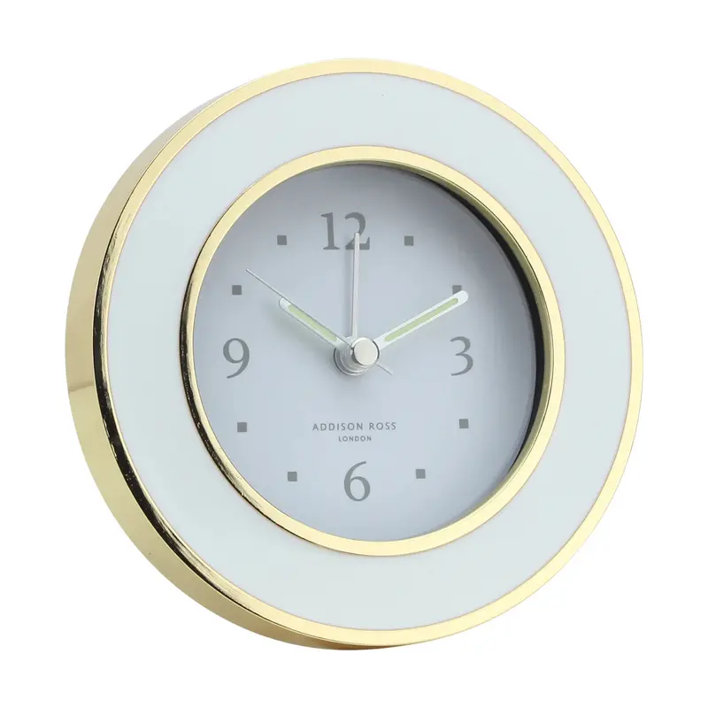 White Enamel Silent Alarm Clock With Gold Accents 1