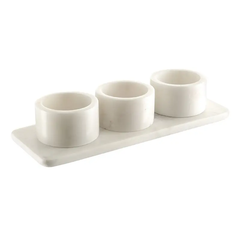 White Marble Condiment Serving Set – 3-Compartment Tray With Stand 1