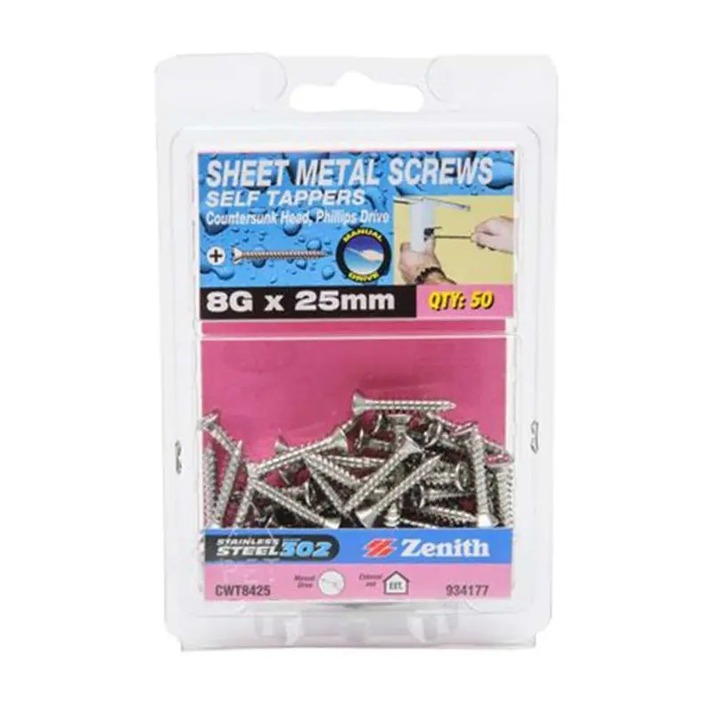 Zenith Stainless Steel Self-Tapping Countersunk Screw — 8G X 25Mm, Phillips (50-Pack) 1