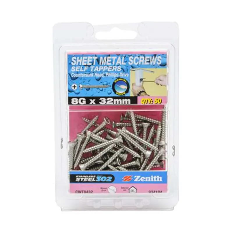Zenith Stainless Steel Self-Tapping Countersunk Screw — 8G X 32Mm, Phillips (50-Pack) 1