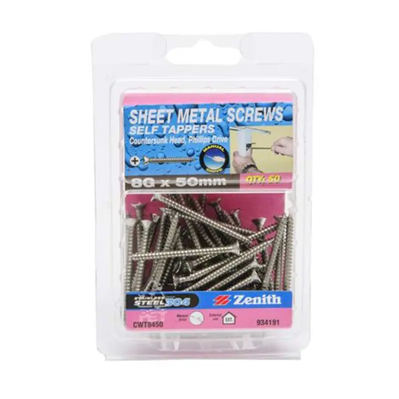 Zenith Stainless Steel Self-Tapping Countersunk Screw — 8G X 50Mm, Phillips (50-Pack) 1